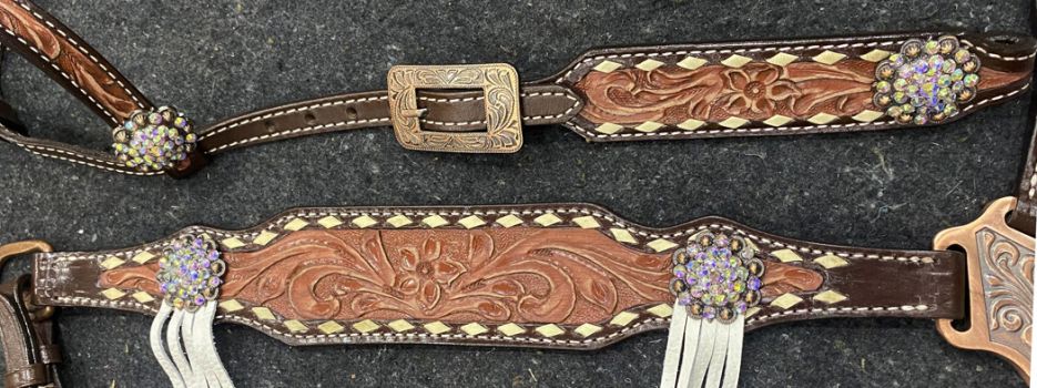 Showman Two-Tone Tooled Single Ear Headstall and Breast Collar Set with rawhide lacing and fringe accents #3